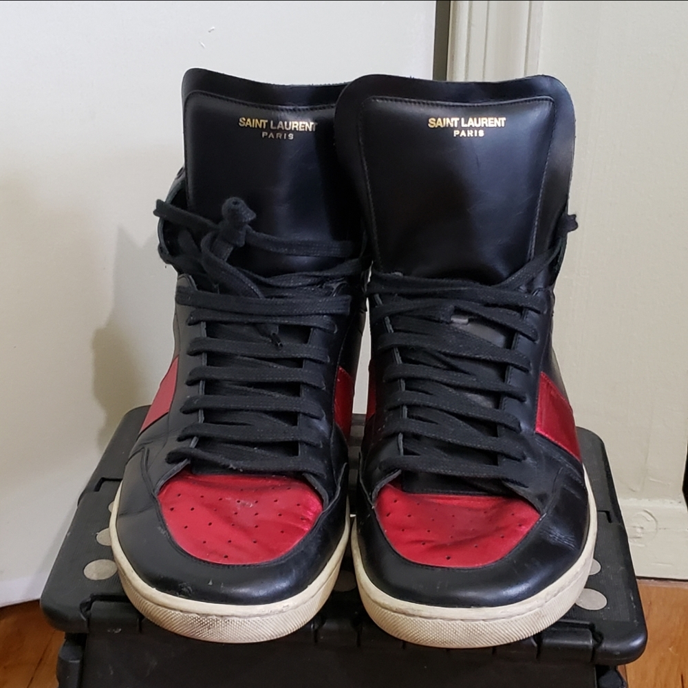 YSL Black/Red Leather High-Top Sneaker (Size 48)
